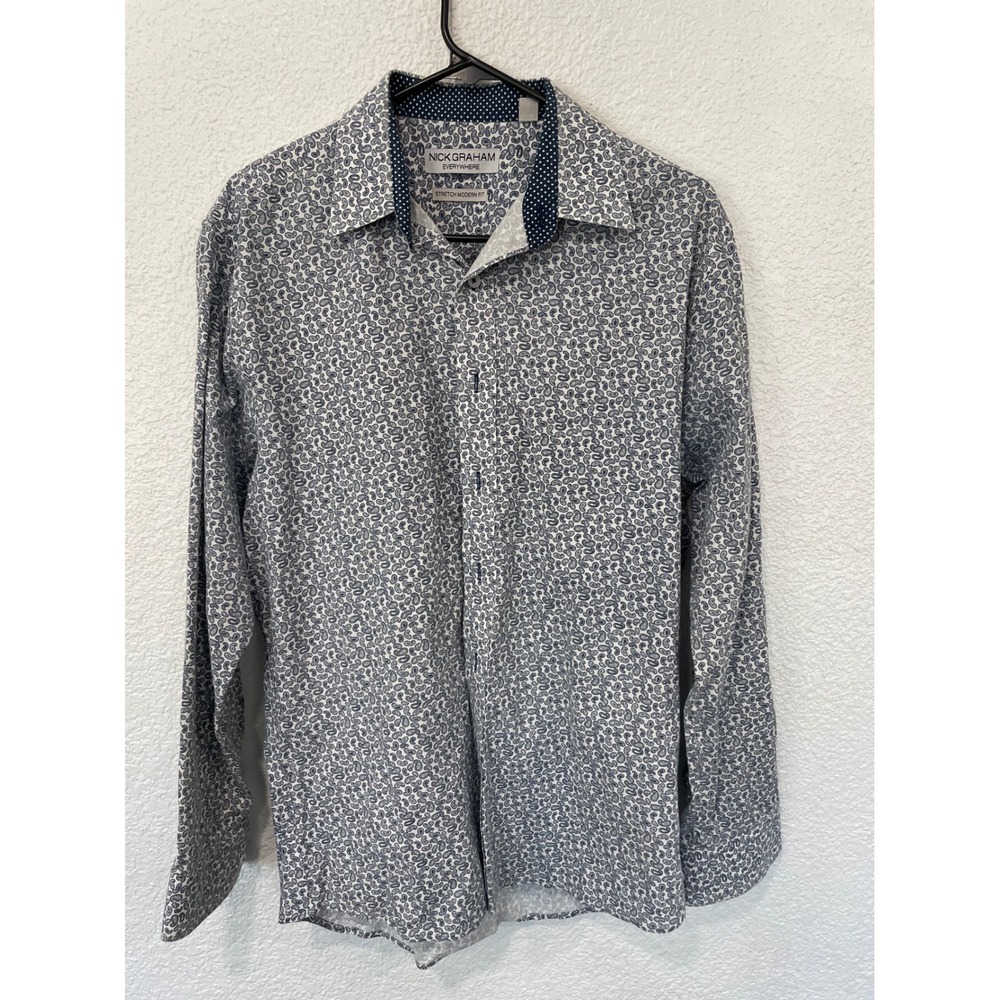 Nick Graham Everywhere Stretch Button-Up Long Sleeve Blue Paisley Shirt med